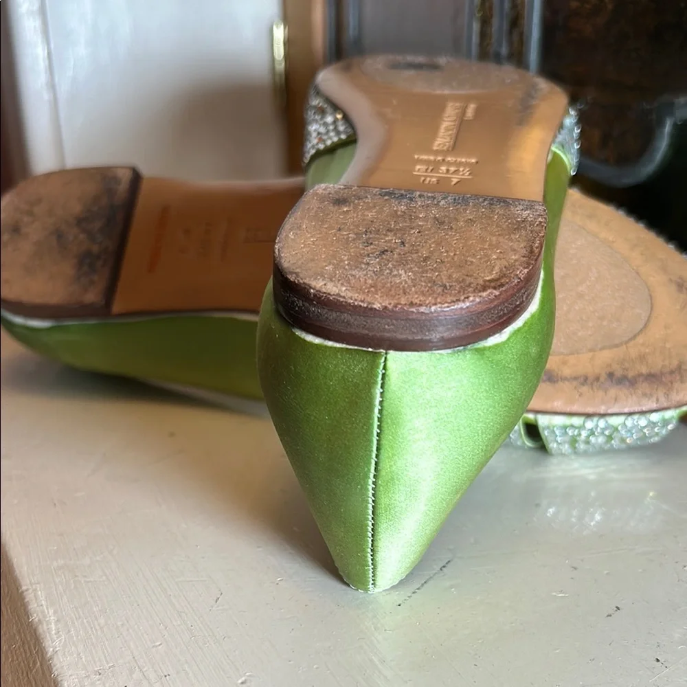 Green and Silver Peep-Toe Flats with Metallic Finish